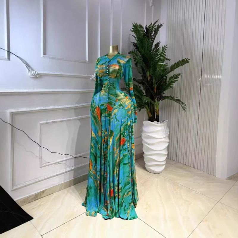 In-Stock 2026 Cross-Border Ins European and American Women's Long-Sleeve Mesh Sexy Tie-Dye Printed Long Dress Gown