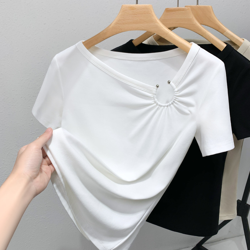 Camiseta de manga corta para mujer verano 2023 nueva camiseta de color sólido con cuello en V de estilo francés para mujer