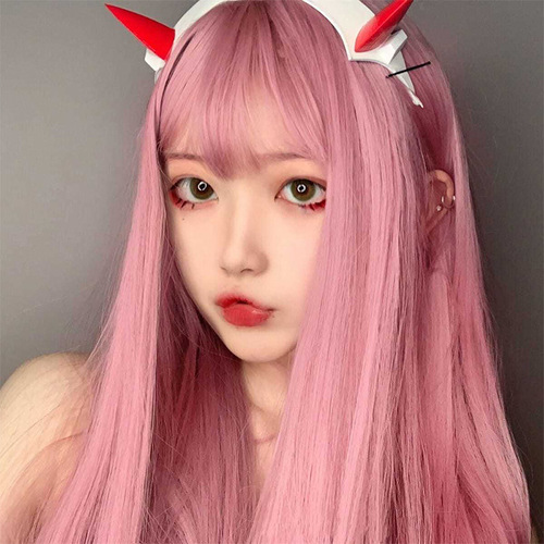 Wig female long hair pink internet celebrity air bangs lolita daily round face cos long straight hair natural full headgear