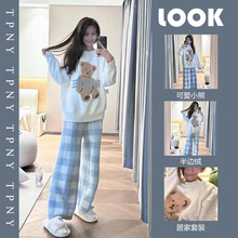 冬季半边绒睡衣女款小熊2025新款秋冬加厚珊瑚绒甜美法兰绒家居服