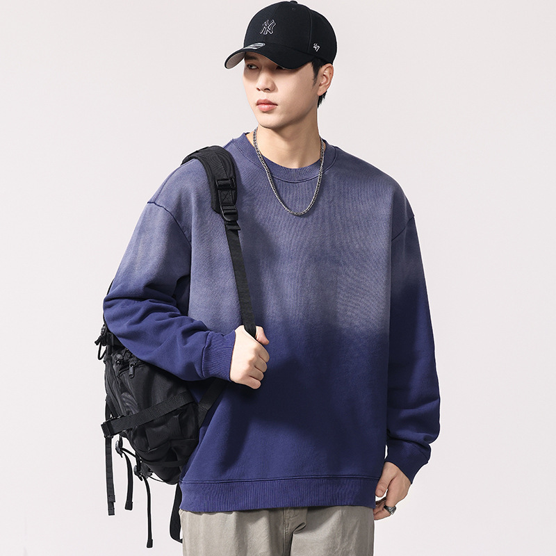 H360B | Plus Size Men's Autumn and Winter 420g Heavy Washed Gradient Sweatshirt Men's Loose American Retro Contrast Top