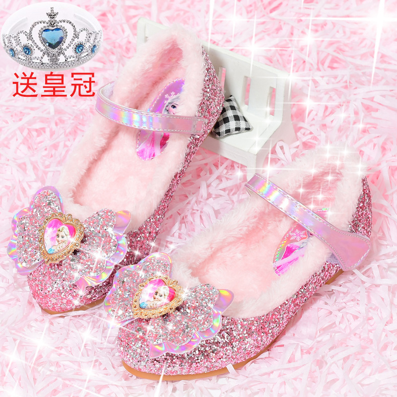 Girls' princess shoes autumn and winter New Aisha frozen Crystal fleece-lined baby girls' leather shoes Aisha children's shoes