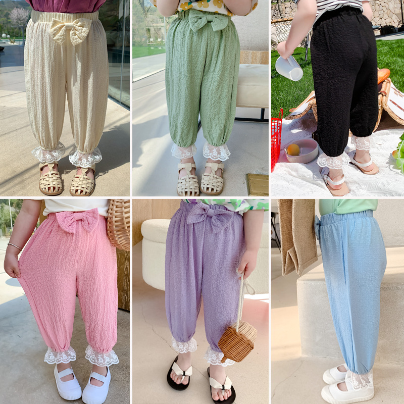 女童夏季纯色防蚊裤2021新款韩版蕾丝蝴蝶结凉凉裤儿童泡泡皱长裤|ms