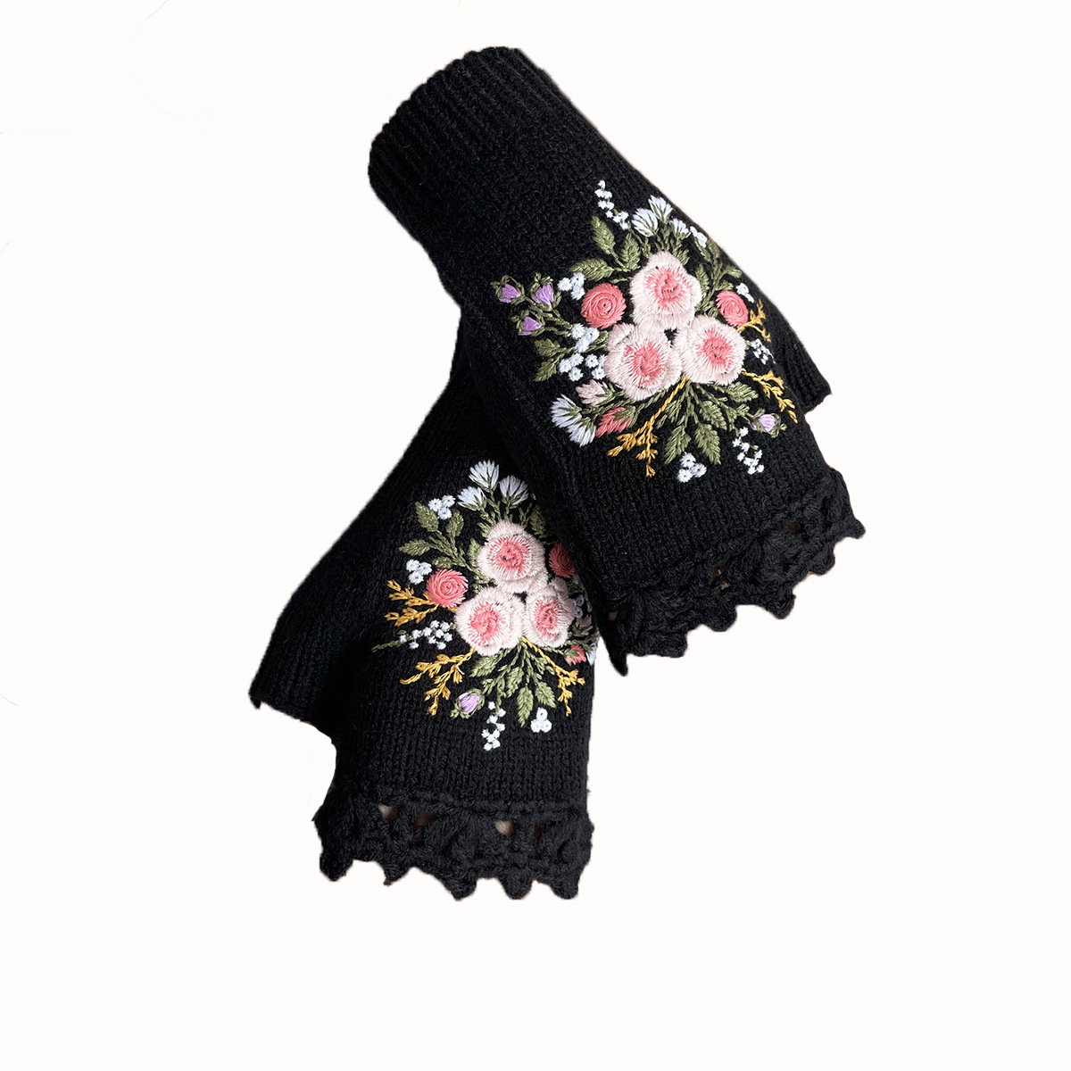 Transfronterizo Amazon estación independiente nueva mujer otoño e invierno cálido hecho a mano de ganchillo bordado floral medio dedo guantes de punto