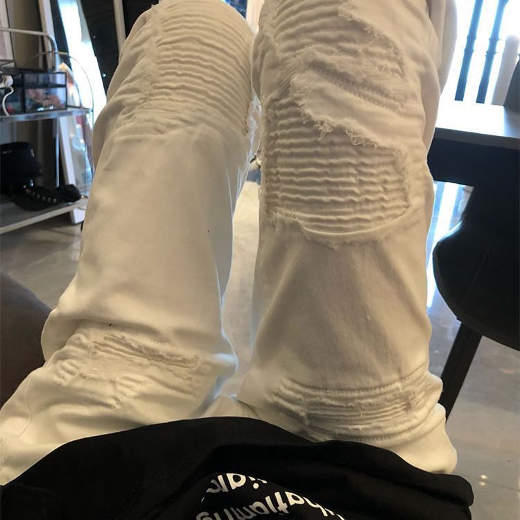 European and American High Street Fog Style Trendy Fake Ripped Pleated Amiri Jeans Unisex All-match Casual All-match