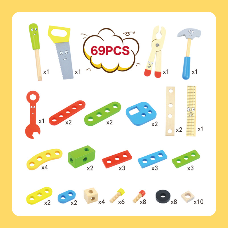 Nuevos productos transfronterizos caja de herramientas de dibujos animados para niños puzzle de madera simulación de ensamblaje tornillo y tuerca juguetes caseros