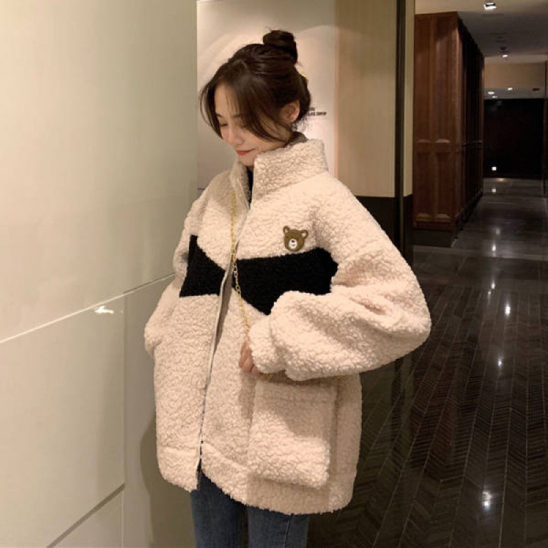 加厚加绒羊羔绒卫衣女2022秋冬季韩版懒风小熊刺绣开衫上衣外套女