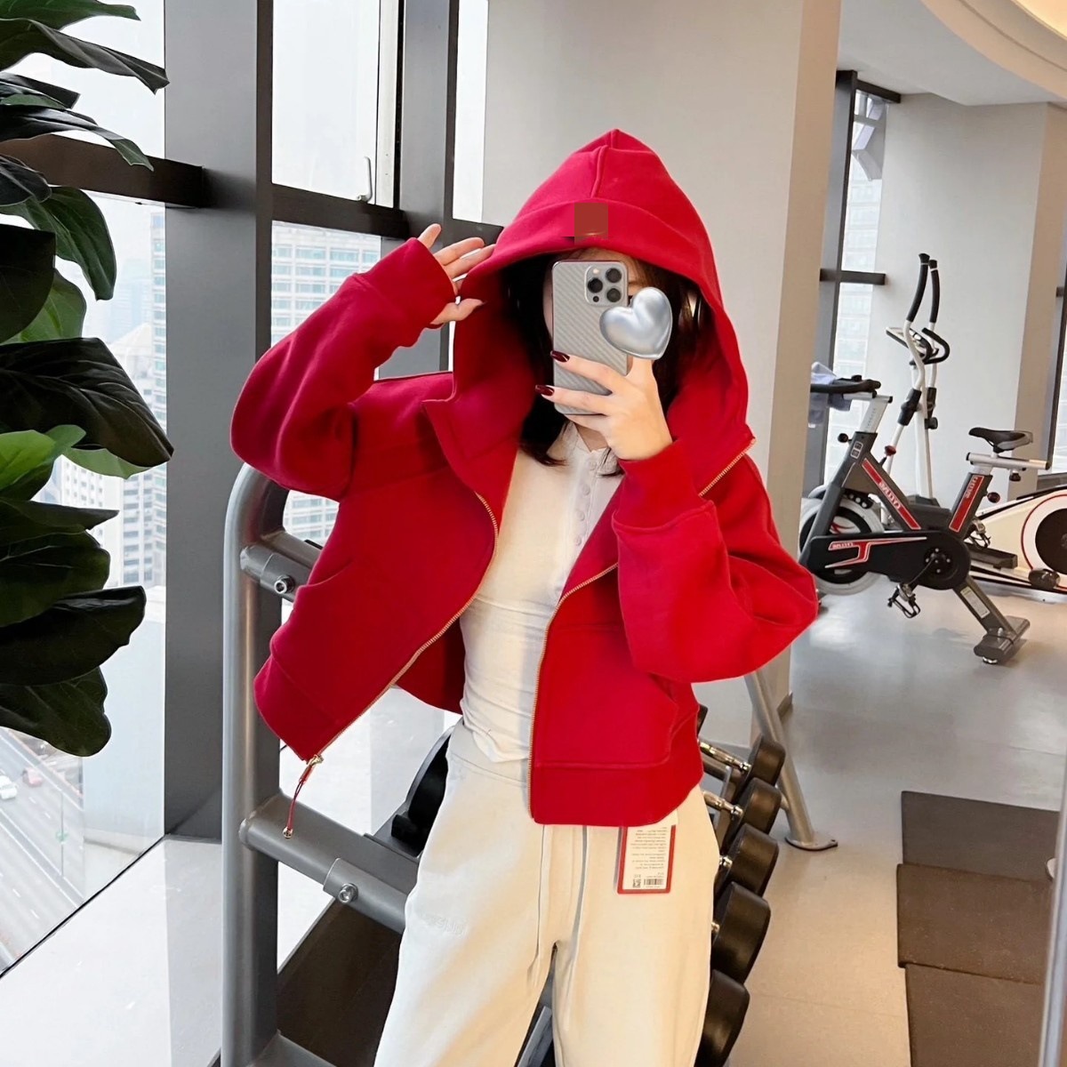 LULU-style Scuba full-zip hooded sweatshirt, loose fit, short length, long sleeve, casual sports jacket with fleece lining