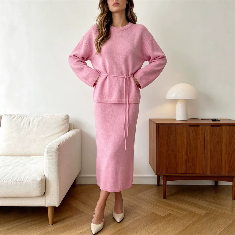 European and American Cross-Border Lace-Up Waist-Cinching Round-Neck Sweater Women's Two-Piece Set Autumn and Winter New Loose Knitted Skirt Suit for Women European and American Cross-Border Lace-Up Waist-Cinching Round-Neck Sweater Women's Two-Piece Set Autumn and Winter New Loose Knitted Skirt Suit for Women