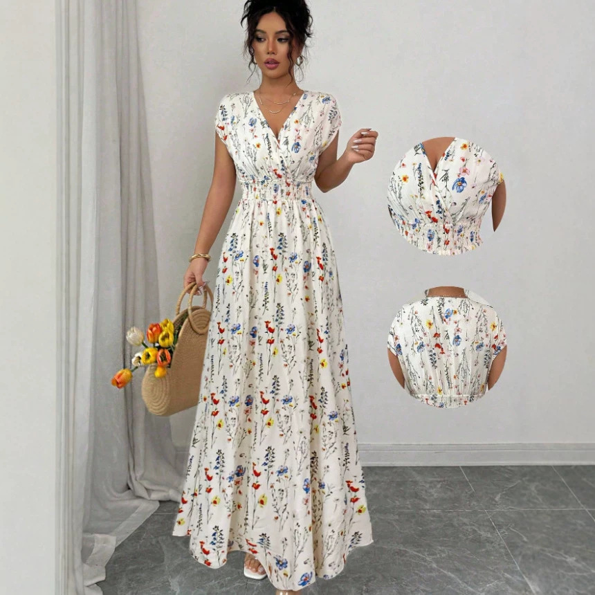 2026 New Style French V-Neck Waist-Cinching Long Dress, Elegant and Graceful Dress for European and American Cross-Border Amazon and Aliexpress
