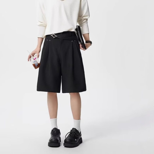 American vibe pleated men's summer streetwear retro versatile casual shorts high street loose wide-leg five-pocket pants