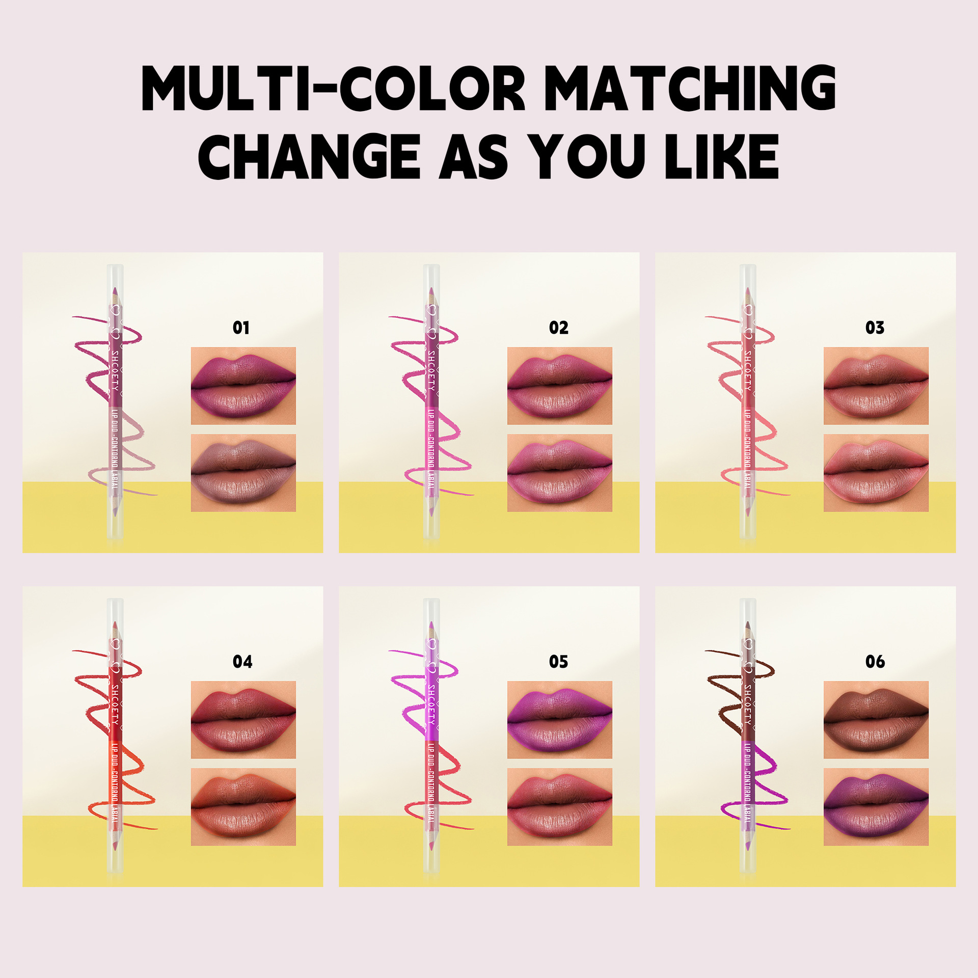 SHCOETY Cross-border double-headed dual-color wooden lip liner pen matte, long-lasting, easy to color, non-stick to cups, outlining pen makeup undefined