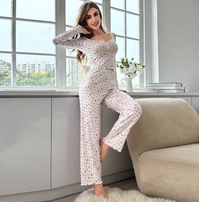 ChicShe Cross-Border European And American Long-Sleeve Collared Pajamas Small Floral Print Pea Vegetable Rolled Hem Long_voghion.com