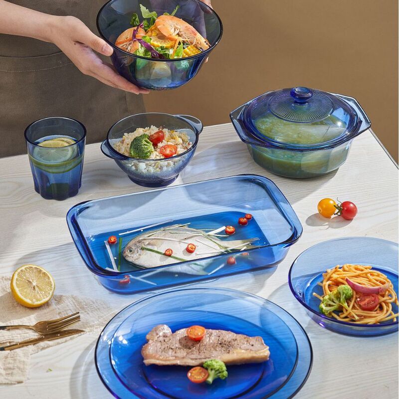 Glass Bowl Double Ear with Lid High Temperature Resistant Fruit Salad Dinner Plate Soup Bowl Glass Pot Blue Plate for Microwave