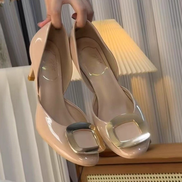 Bai Bai Cong Yuan's Same Style Rv Ballet High-Heeled Sandals with Thin Heels and Hollow Design for Women's Birthday Party, Elephant Gray Square Buckle Single Shoes for Women