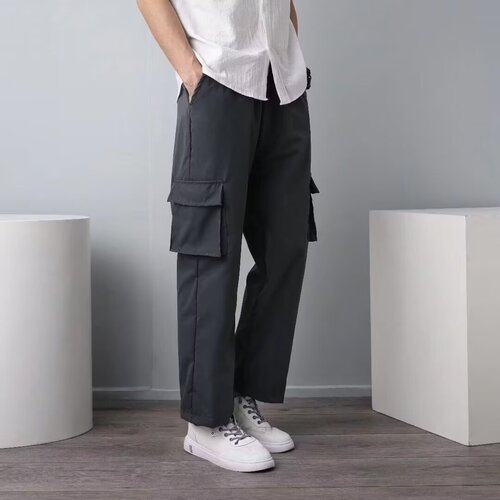 Versatile pocket straight-leg pants for men, summer workwear, long casual pants, trendy pants for men, loose spring thin version, large size