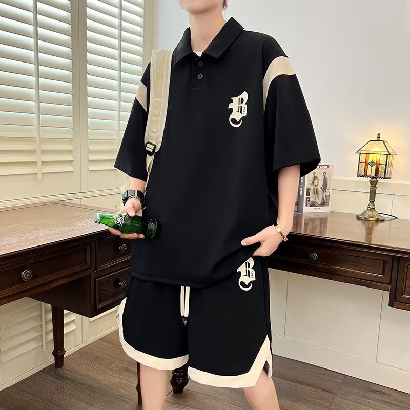 夏季休闲青年翻领Polo衫宽松T恤一套300斤可穿帅气港风短袖男套装