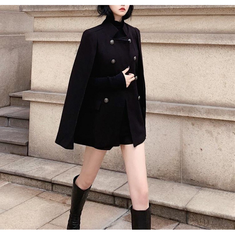 Women's Clothing Winter new style Internet celebrity black cape coat versatile loose stand collar medium and long woolen coat for women_voghion.com
