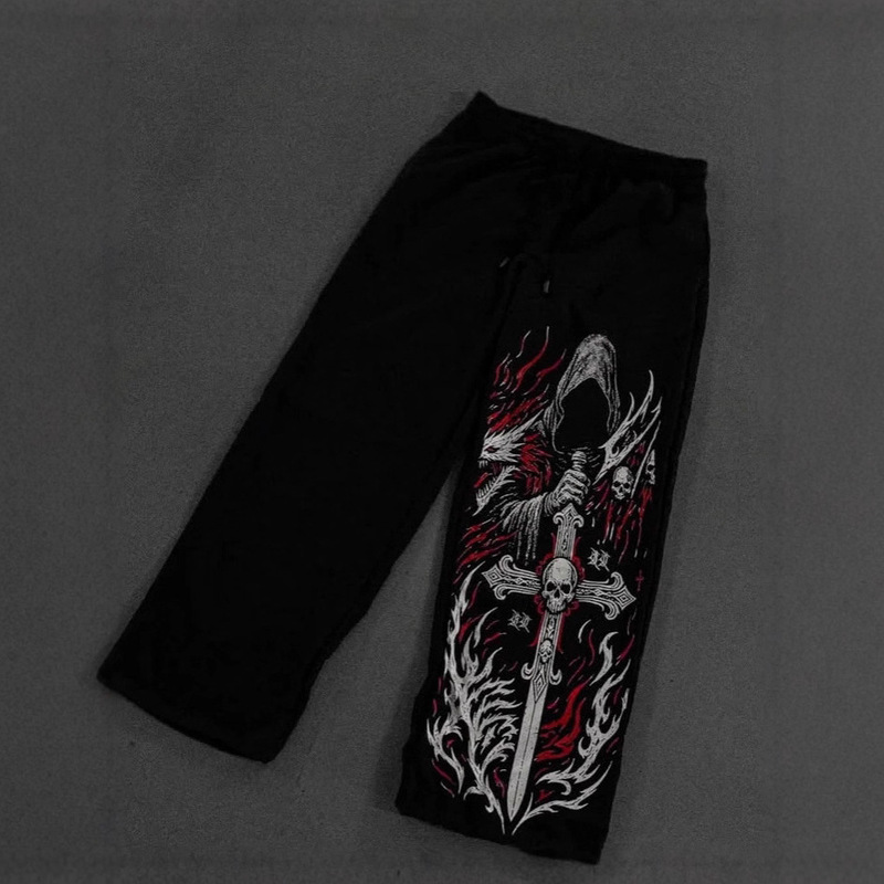Cross-Border Fashion High Street Casual Skull Cross Pattern Men's Wide-Leg Pants American Trendy Loose Sports Pants Long Pants