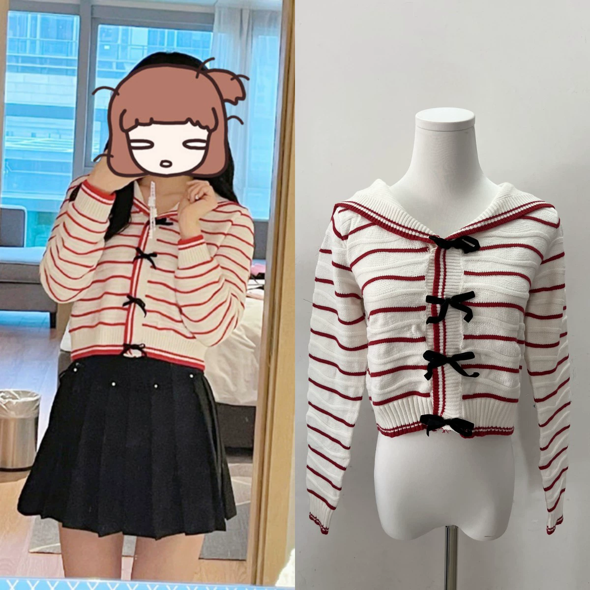 Сюй Мэнцзе же стиль Вязаный Кардиган 22 весна новый стиль Шанель красный и белый контрастный цвет полосатый темно-синий воротник свитер для женщин