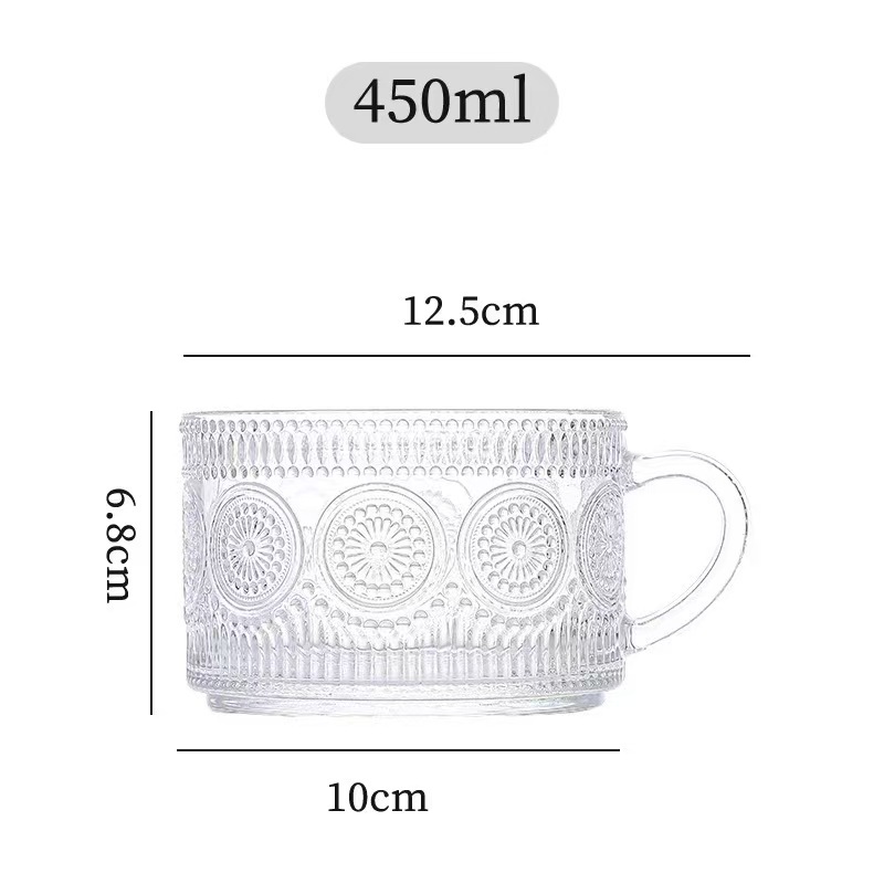 Inventario de alto valor retrógrado flor de sol relieve taza de leche de desayuno taza de avena con tapa con cuchara taza de ensalada