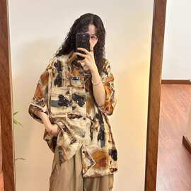 油画短袖衬衫女夏季薄款复古港风花衬衣外套宽松大码胖半袖上衣