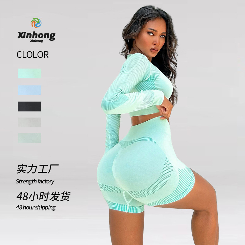 Traje de fitness sin costuras transfronterizo europeo y americano melocotón cadera cintura alta fitness manga larga tres puntos deportes yoga pantalones cortos traje mujeres