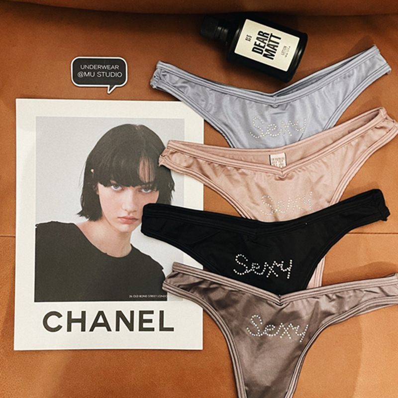 Sexy thong satin rhinestone letter T pants ice silk seamless pure desire hot girl rhinestone bikini European and American underwear