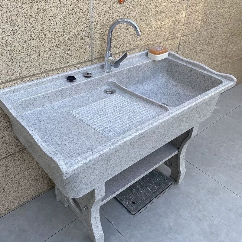Outdoor Balcony Household Laundry Table Basin with Washboard Marble Integrated Laundry Trough Gray Quartz Stone Laundry Pool