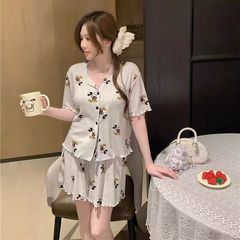 国境を越えたネット赤漫画グレーミッチパジャマ女性夏半袖パンツセット薄い夏カーディガン家服