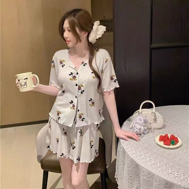 国境を越えたネット赤漫画グレーミッチパジャマ女性夏半袖パンツセット薄い夏カーディガン家服|undefined