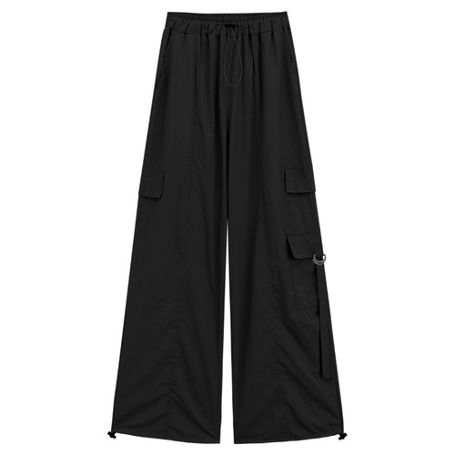 Vintage Rocker Straight Leg Work Pants for Women Summer High-Waisted Pocket Floor-Length Drawstring Ankle Pants