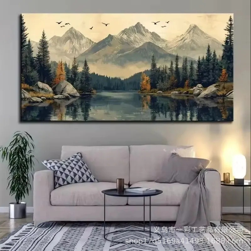 Pintura decorativa de paisaje estilo retro al óleo, impresión en lienzo horizontal de lujo nórdico para sala de estar, arte de pared con temática natural. image 5