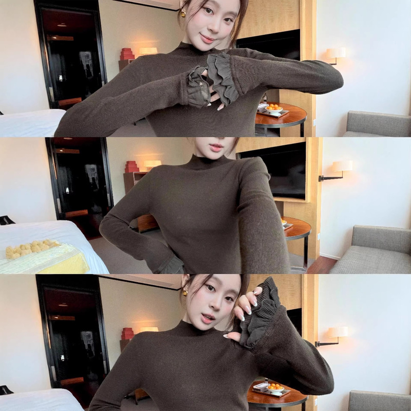 French-Style Brown Half-High Collar Lace Long-Sleeve Knit Sweater for Women, Autumn and Winter Design Sweater, Perfect as a Base Layer, Stunning Top