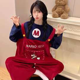 马里奥连体睡衣女秋冬季长袖毛绒可爱卡通睡裙学生大码家居服跨境