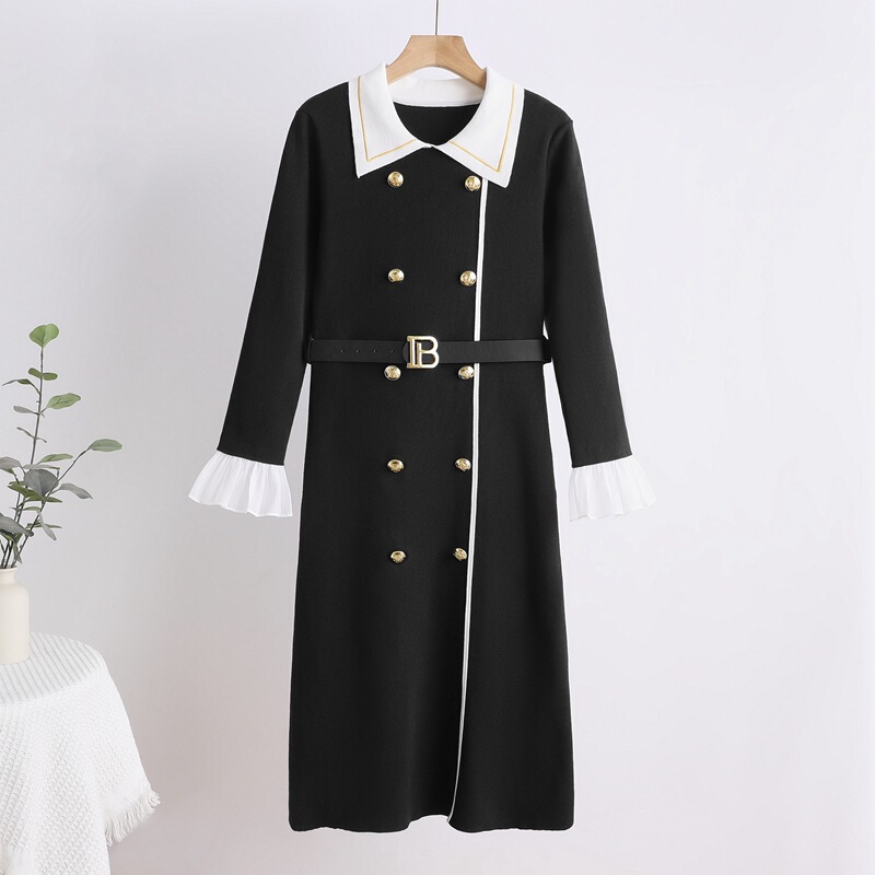 Cross-Border High-End Elegant Formal Occasion Small Fragrance Style Waist-Cinching Long-Sleeved Slimming Hepburn Knitted Mid-Length Dress