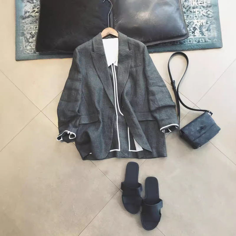 Ready Stock Qianjian Soft Linen_Setened Twill Peaked Collar Straight Silhouette Suit_Y30627 Good Jacket