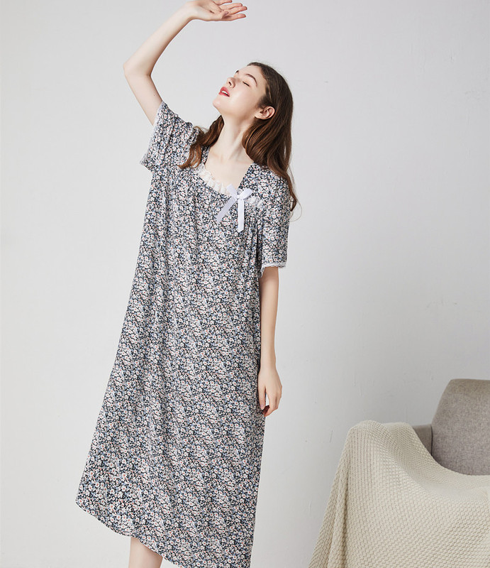 Summer Women's Short-sleeved Cotton Silk Skin-friendly European and American Pastoral Small Floral Lengthened Dress Nightdress Home Clothes
