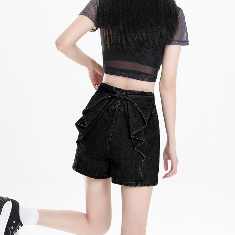 女性用リボンデニムショートパンツ、2025年夏の新作、小柄な人向けのゆったりとしたワイドレッグホットパンツ|undefined