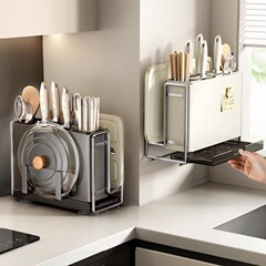 Ins-style multi-functional kitchen knife rack wall-mounted vegetable chopping board stand cutting board rack knife utensil storage rack
