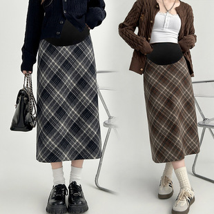 in stock Maternity Dress High Waist Plaid Wool Skirt Women's Autumn and Winter Vintage Anti-running Light Outer Wear Slimming Skirt