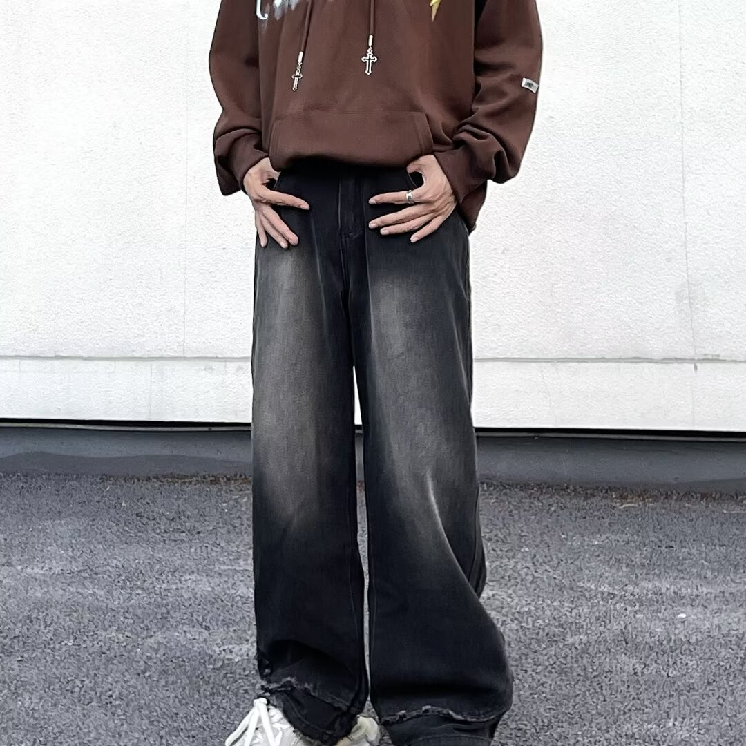 Moda retro 2024 primavera y otoño jeans estadounidenses hombres lavados y viejos jeans rectos sueltos de calle alta