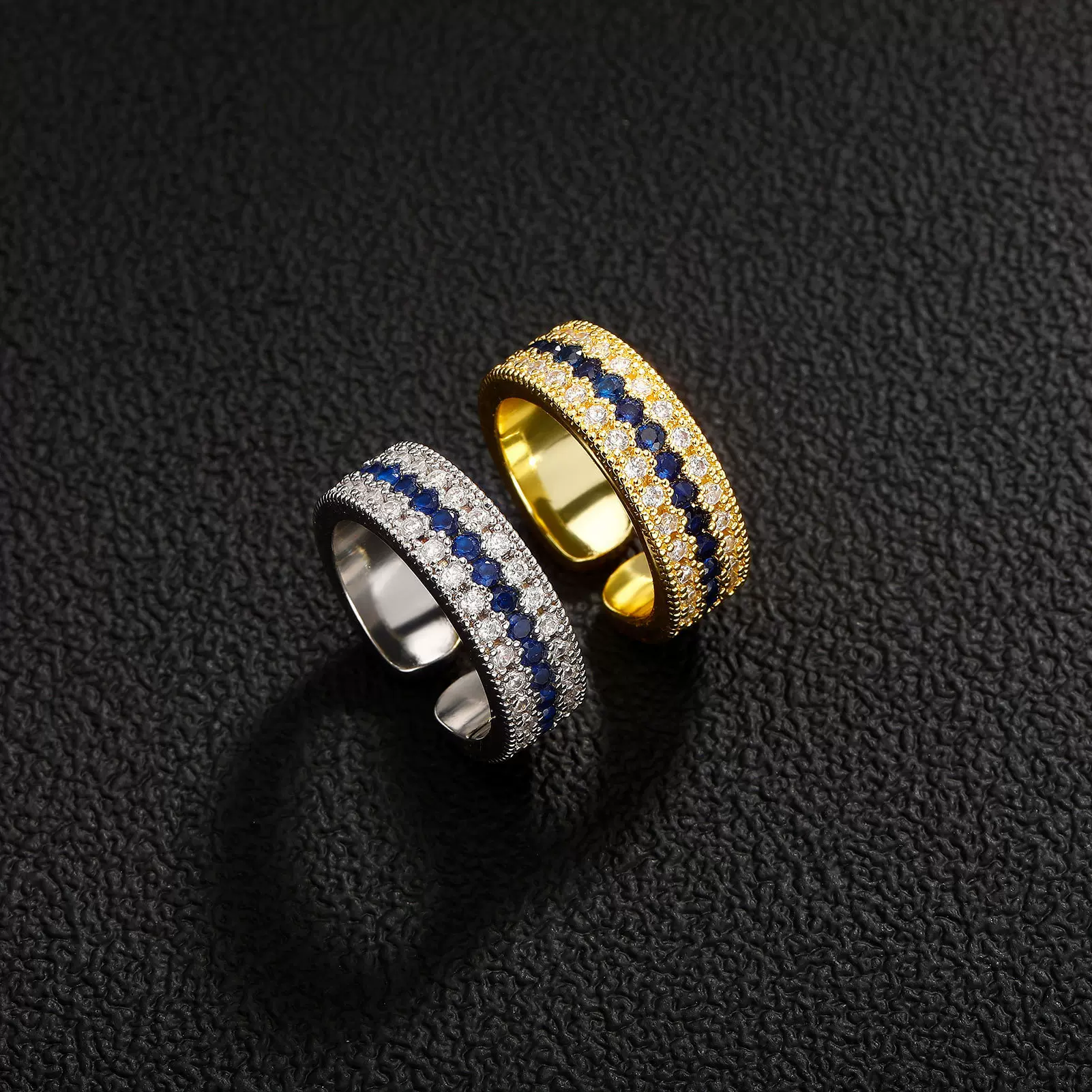 欧美复古蓝色排钻戒指重工高级感时尚轻奢蓝锆石开口戒指跨境批发