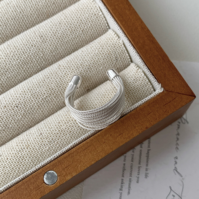 Korean Style Jewelry All-Over S925 Sterling Silver Handmade Geometric Multi-Layer Line Ring for Women Simple Cold Style Index Finger Ring
