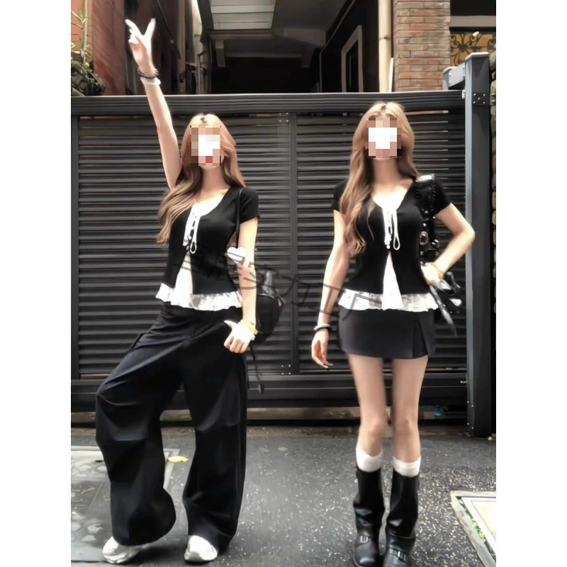 夏季修身显瘦上衣韩系纯欲风蕾丝拼接假两件ins大码女装短袖T恤潮