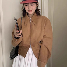 韩国chic秋季美式复古翻领双拉链口袋宽松百搭仿鹿皮绒夹克外套女