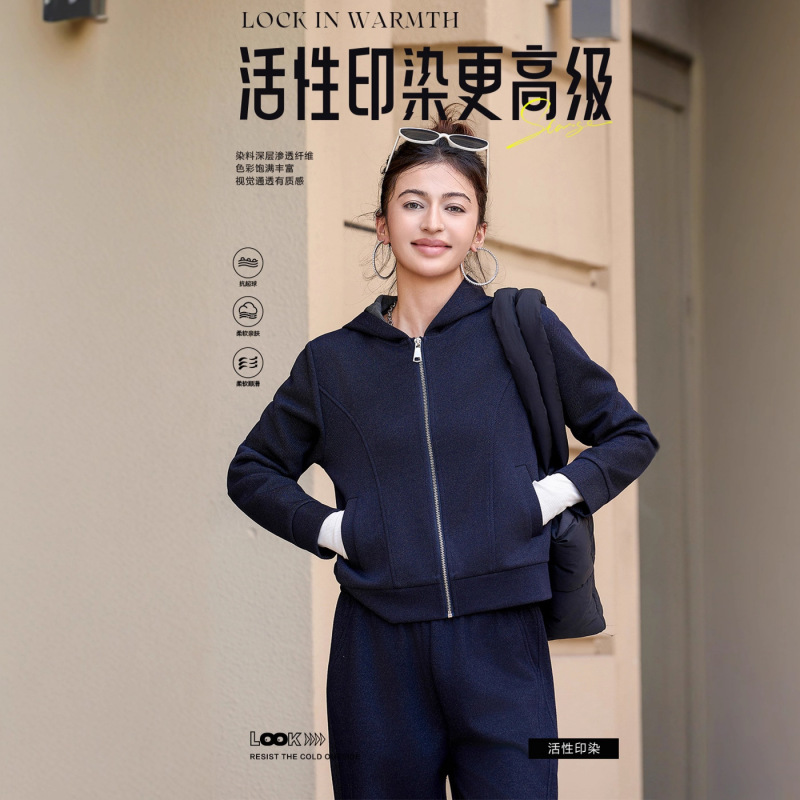 秋冬女士卫衣套装针织连帽开衫牛仔防风短外套立体剪裁弯刀休闲裤|undefined