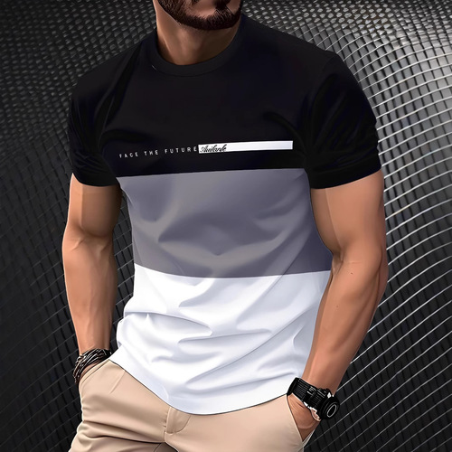 20253D Digital Printing Summer Men's Casual Versatile Trendy Fashion Color-blocked Short-sleeve Round Neck T-shirt