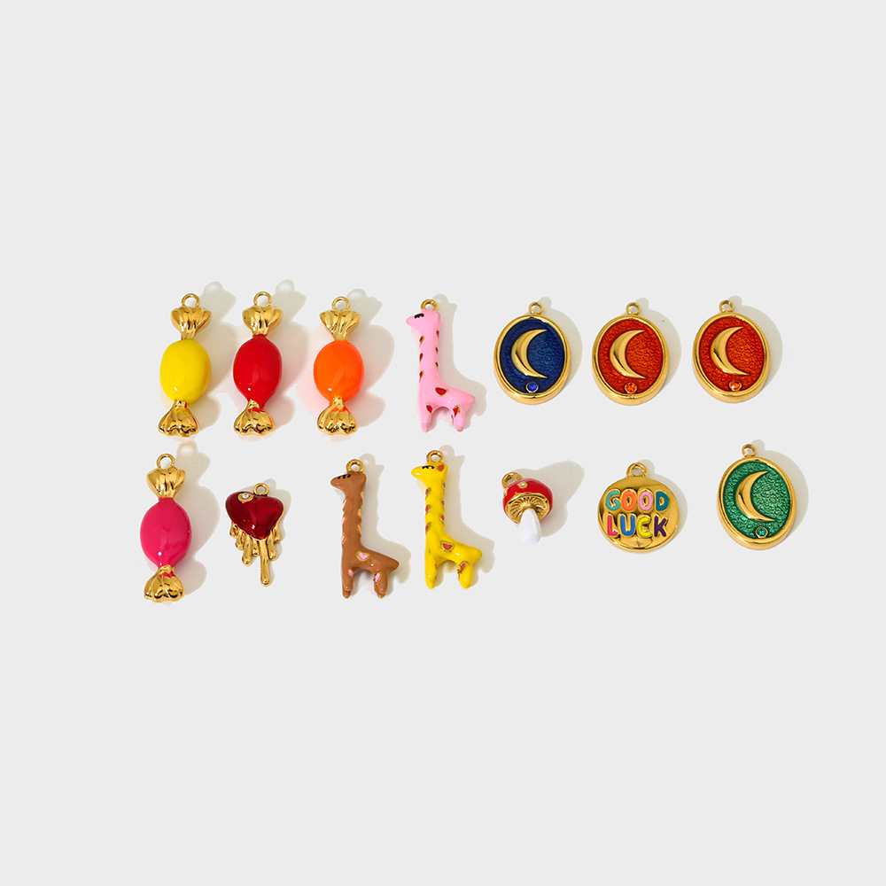 5g Weight 0.03µm Gold Plating Thickness PVD Coated Gold Plating Process Pendant Jewelry Making Type 8*25mm Jewelry Making Size 18K Real Gold Plated Plating Material 1 Piece Quantity 304 Stainless Steel Material Moon, Candy, Giraffe Pattern IG Style Style Enamel Craft 1 Piece 8*25mm 304 Stainless Steel Moon Candy Giraffe Pendant 无