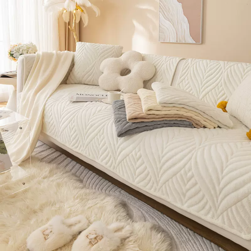 纯色新款轻奢毛绒沙发垫加厚布艺防滑毛绒盖巾沙发坐垫套